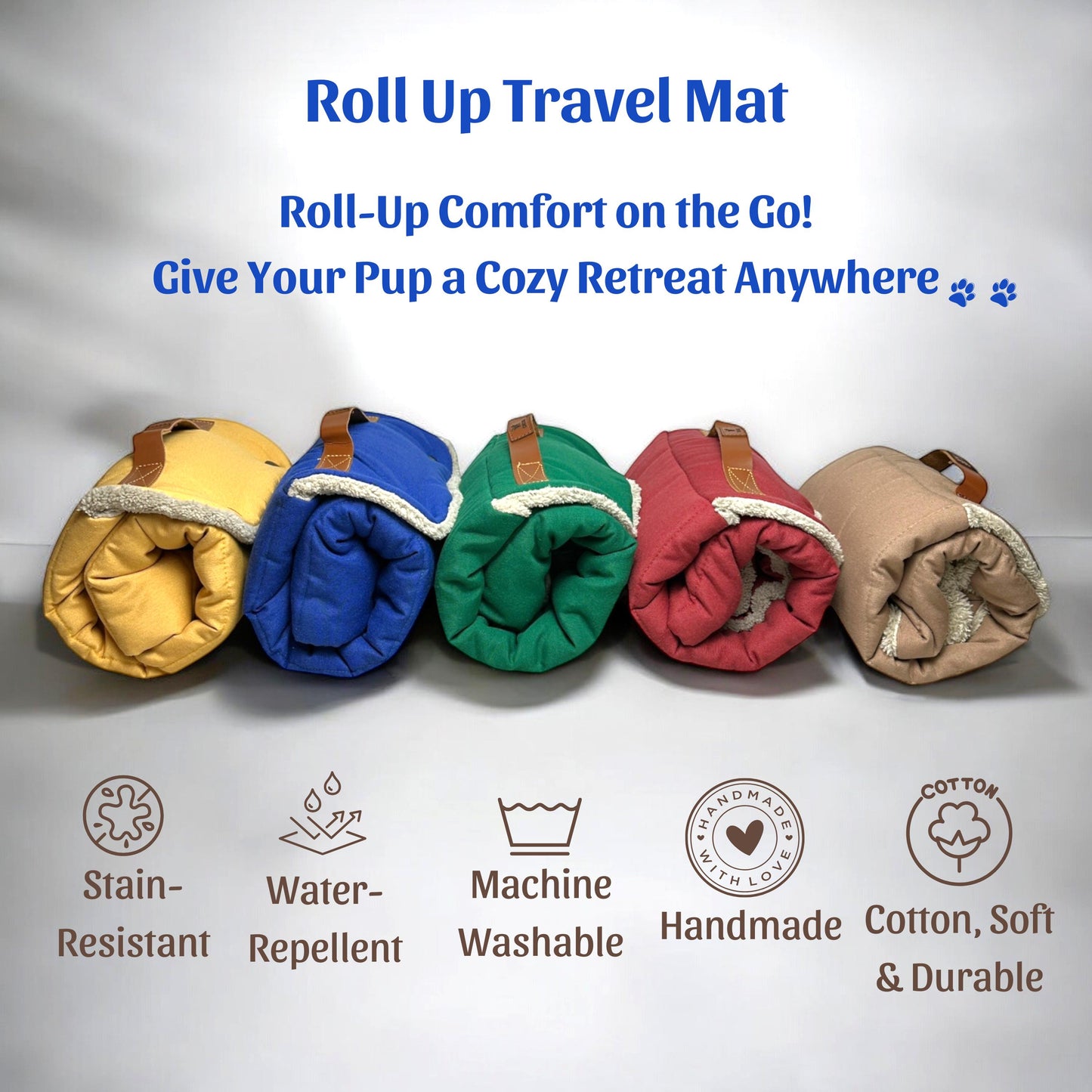 Roll up Travel Dog Mat, Settle Mat, Spot Training, Stain-Resistant, Water-Repellent, Machine Washable, Handmade Cotton, Soft & Durable