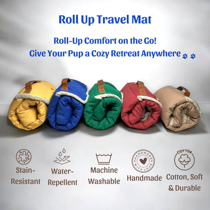 Roll up Travel Dog Mat, Settle Mat, Spot Training, Stain-Resistant, Water-Repellent, Machine Washable, Handmade Cotton, Soft & Durable